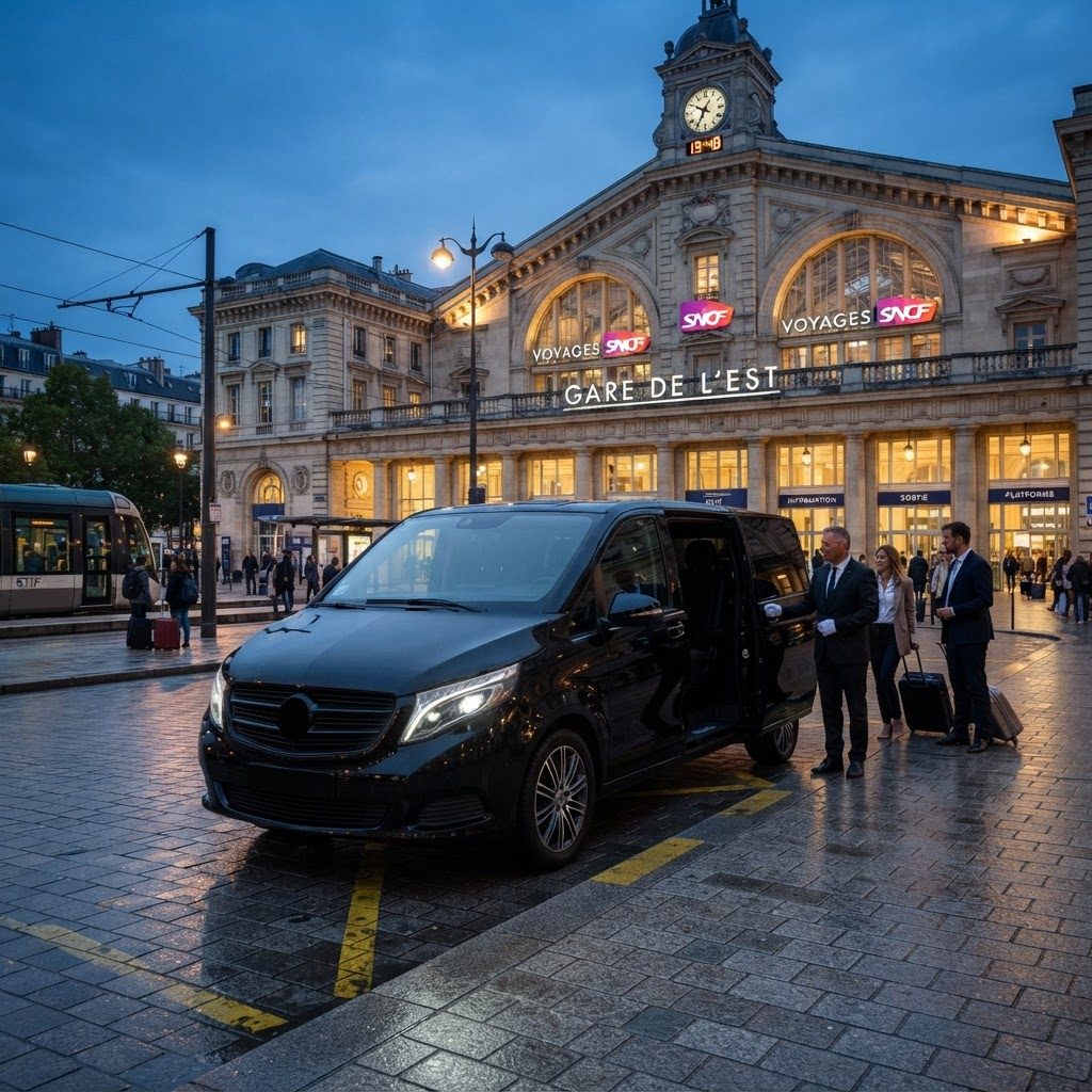 Berline noire élégante à l’heure bleue en Europe