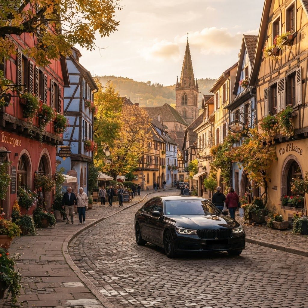 Voiture noire dans un village alsacien à colombages