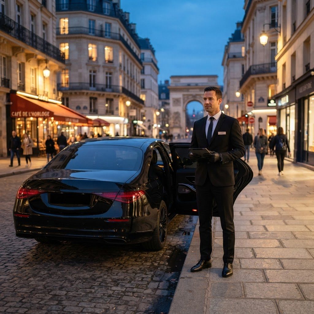 Chauffeur privé en costume noir à côté d’une berline
