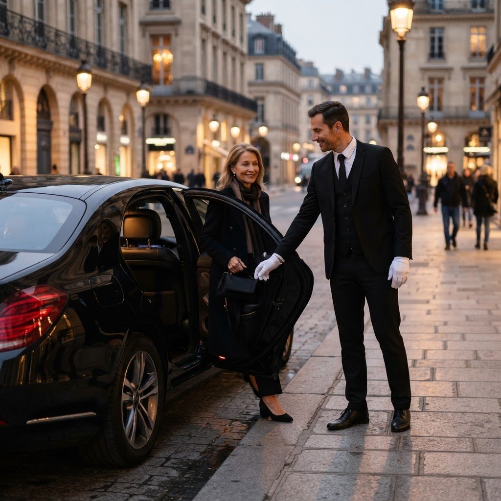 Chauffeur privé ouvrant la portière d’une berline noire à Strasbourg