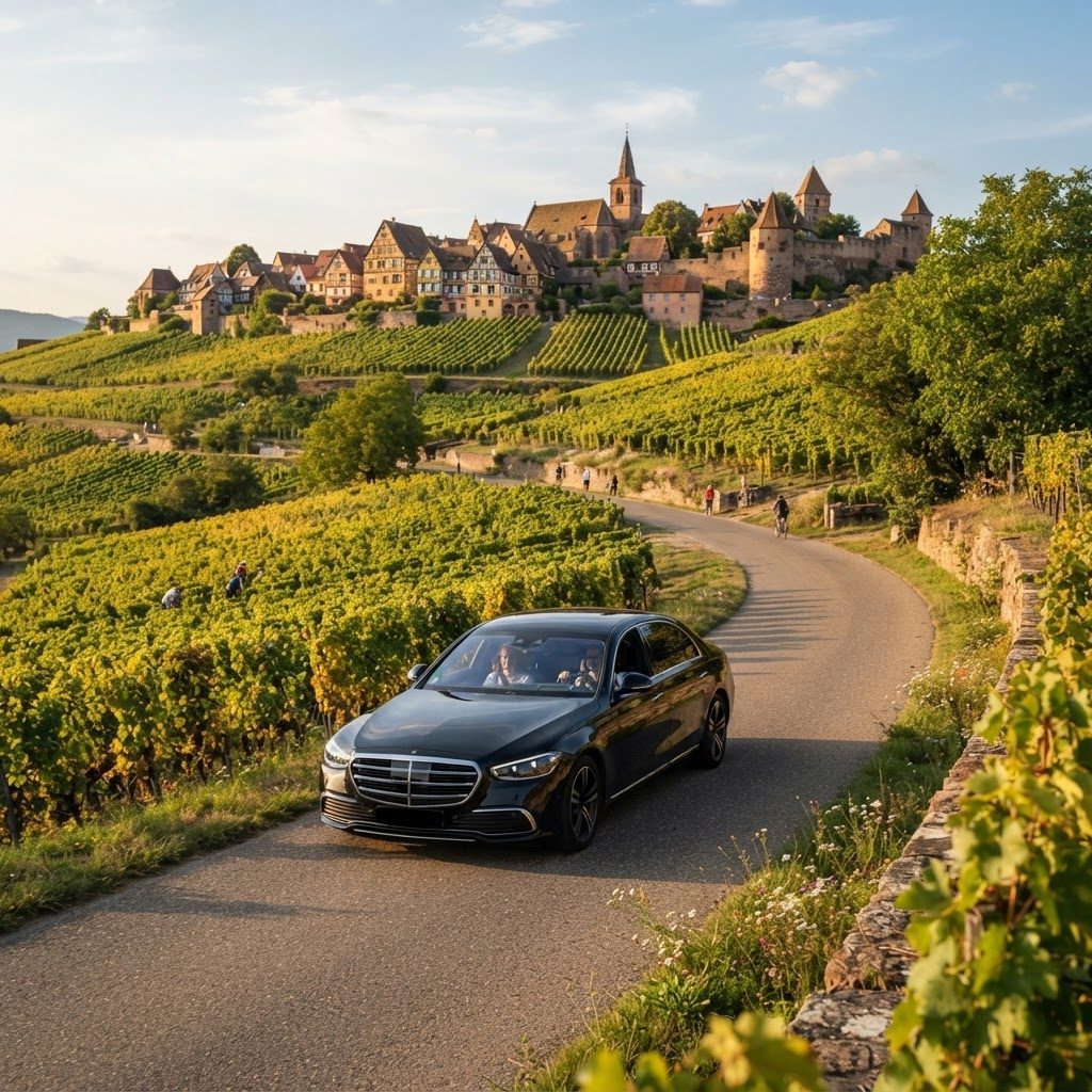 Voiture noire sur la route des vins d’Alsace